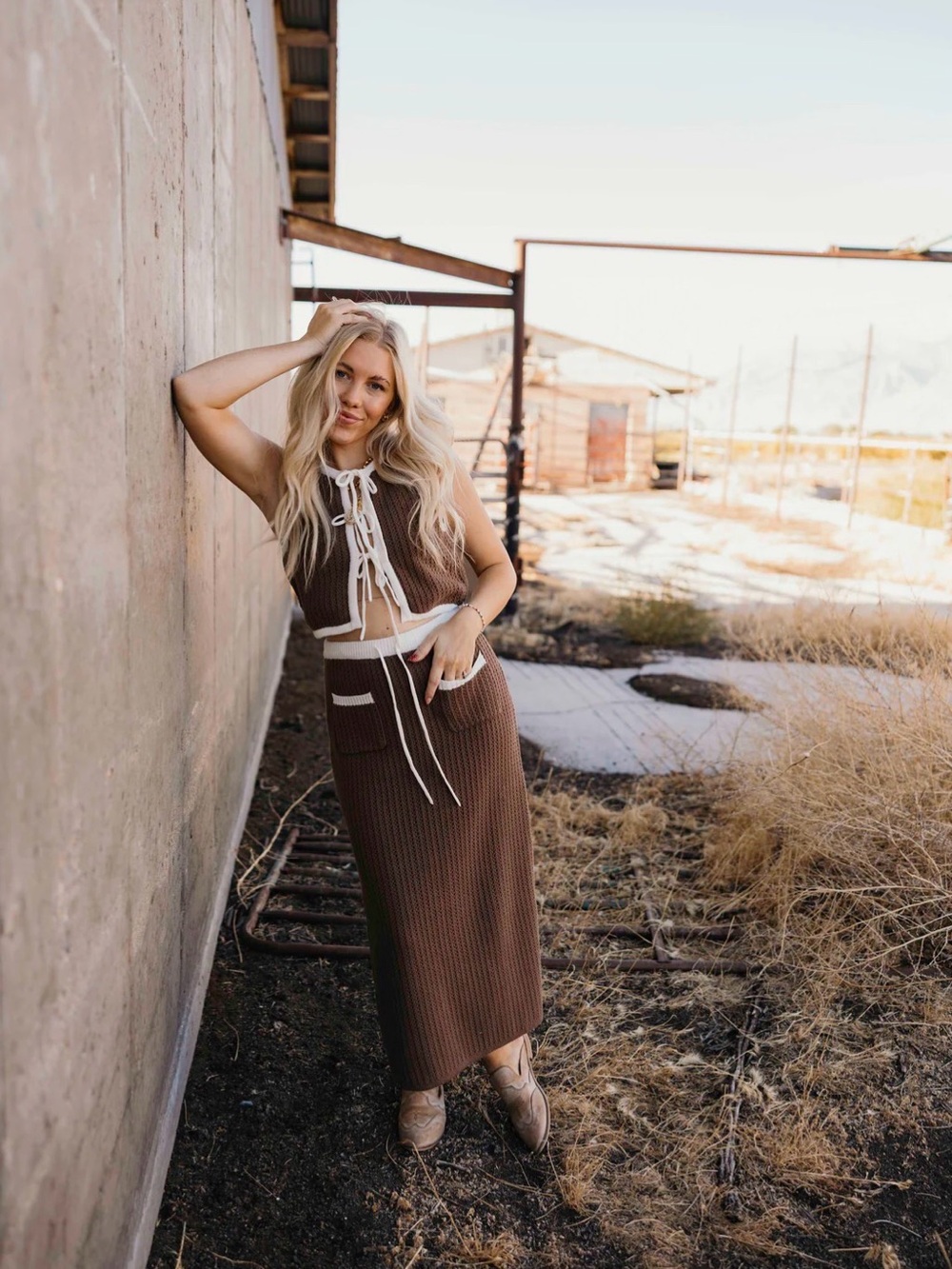 A730. Brown Knit Maxi Skirt & Vest Set with Contrast Trim